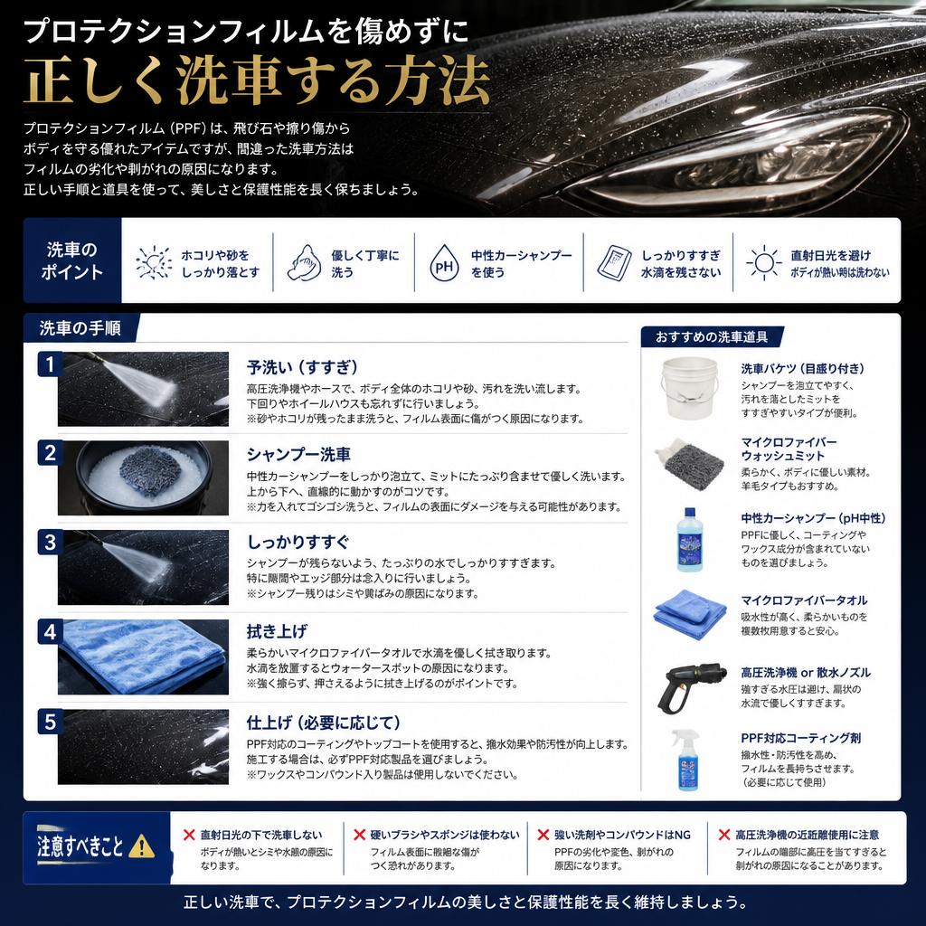 正しい洗車方法でフィルムを守る