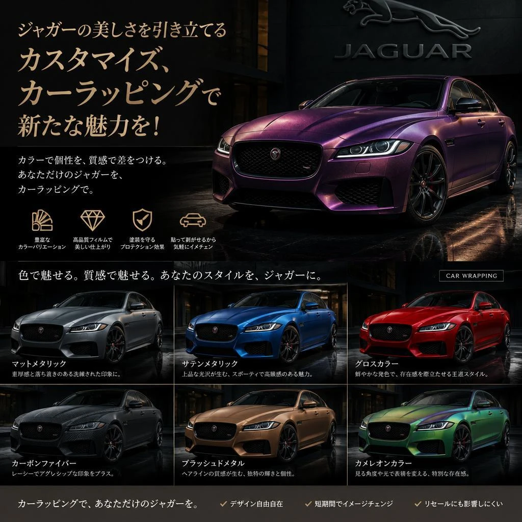 ジャガーの美しさを引き立てる、カーラッピングで新たな魅力を！福岡でカーラッピングは株式会社Xceed Design Garage