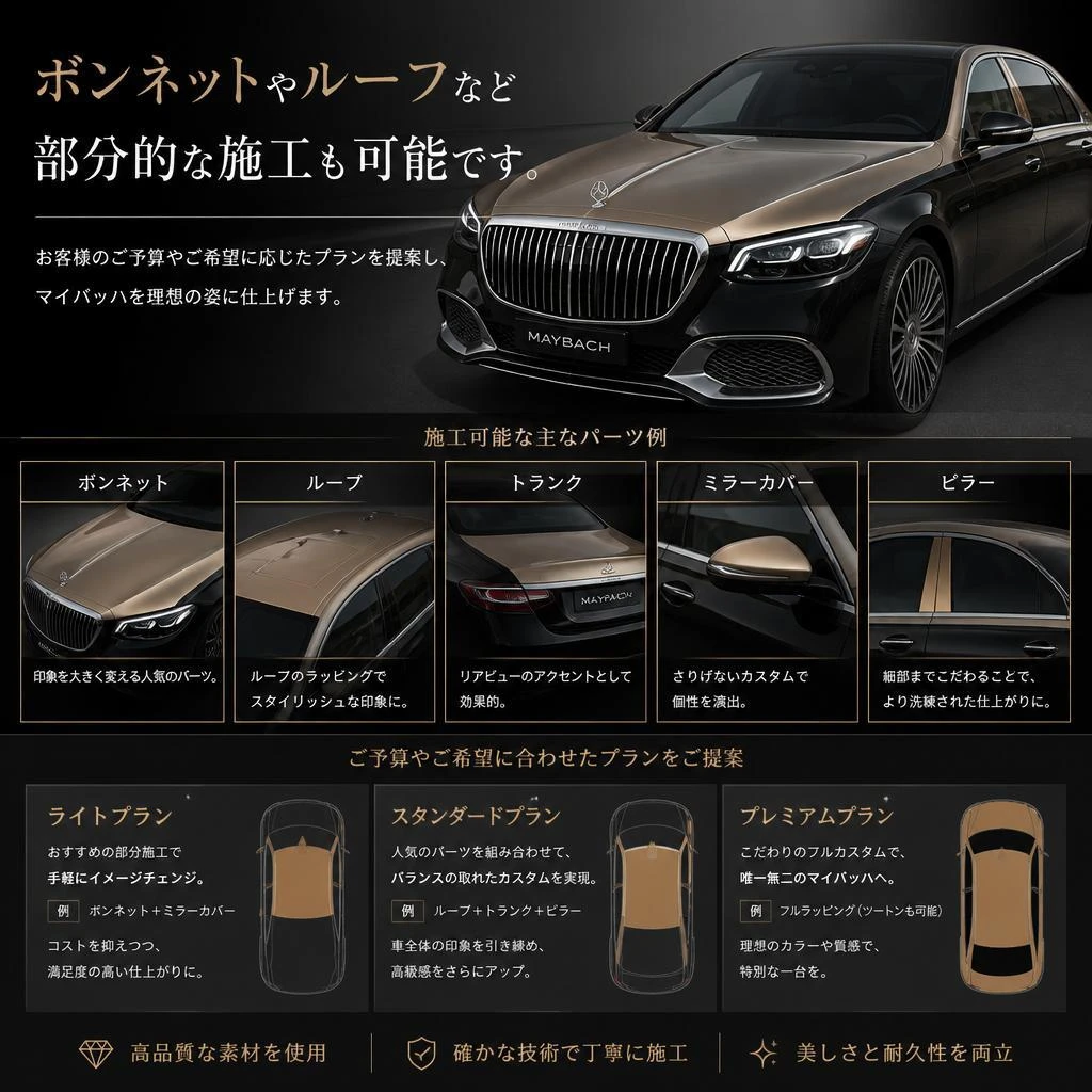 フルラッピングから部分施工まで、柔軟な対応