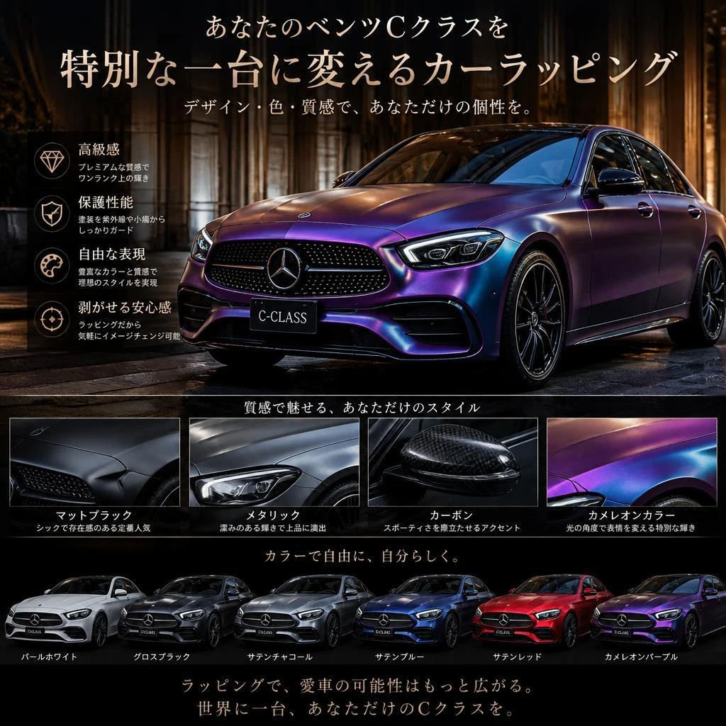 あなたのベンツCクラスを特別な一台に変える福岡でカーラッピングは株式会社Xceed Design Garage
