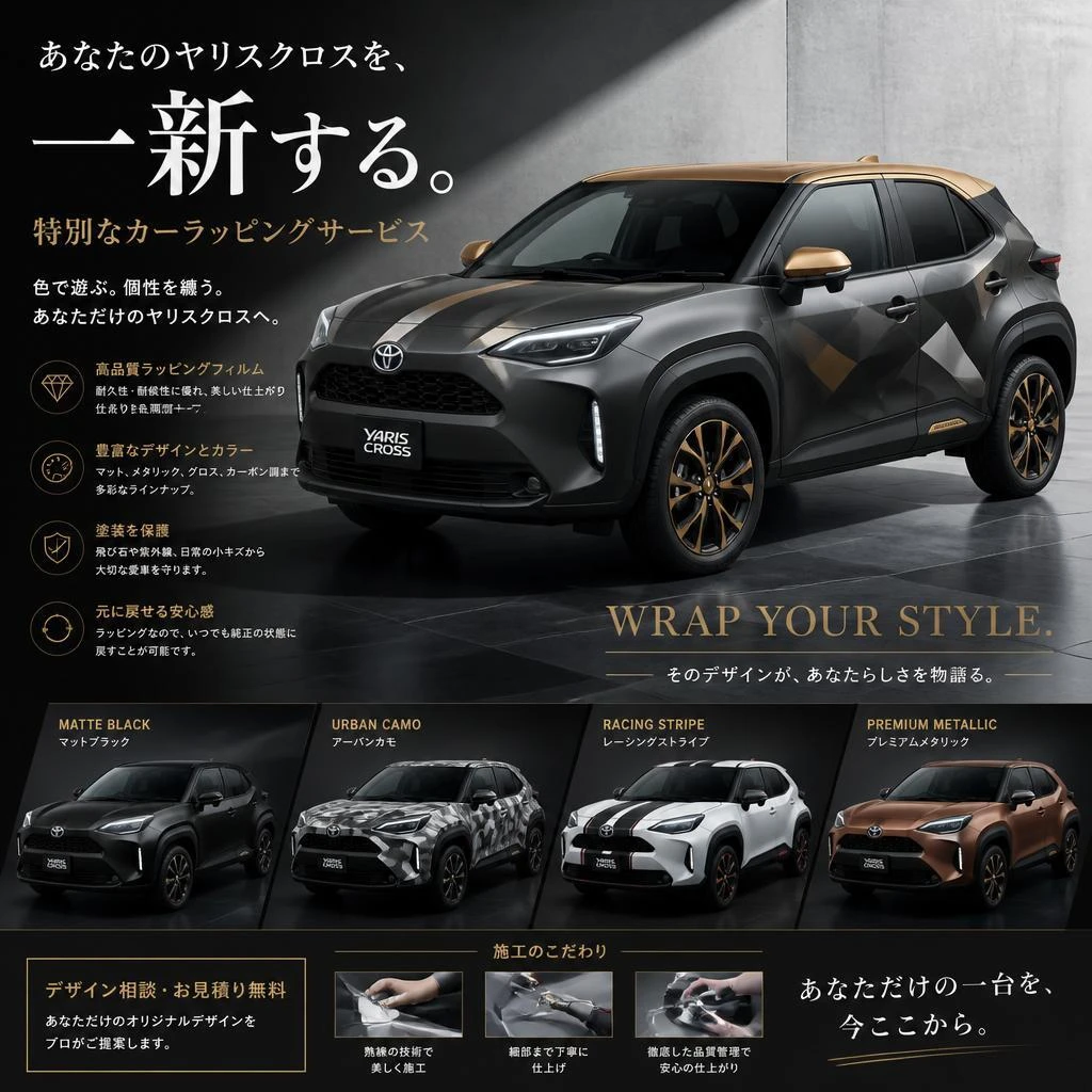 ヤリスクロスを、一新する特別なカーラッピングサービス。福岡でカーラッピングは株式会社Xceed Design Garage